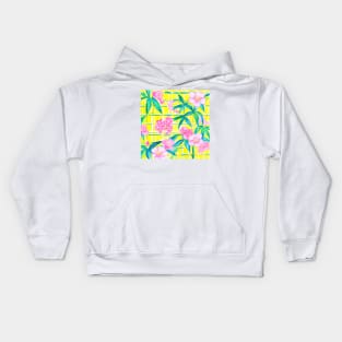 Preppy pink flowers and green leaves on yellow Kids Hoodie